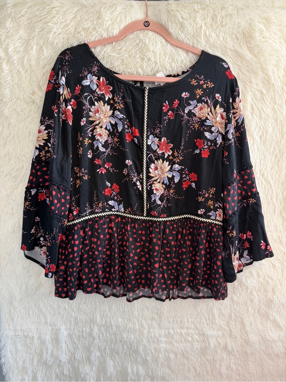 Tribal Jeans Womens Boho Peasant Floral Top Size L Black Indie Mixed Media